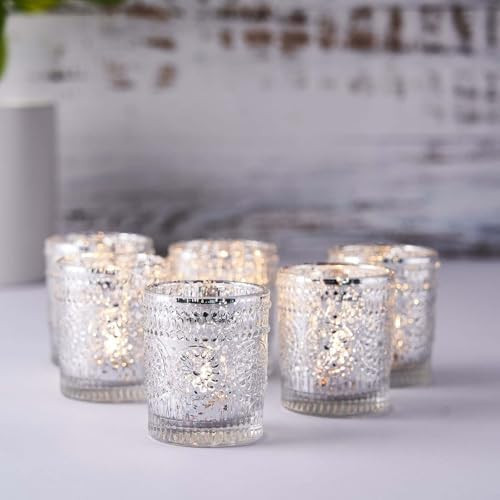 Efavormart 6 Pack Silver Mercury Glass Candle Holders, Votive Tealight Holders with Primrose Desi... | Amazon (US)