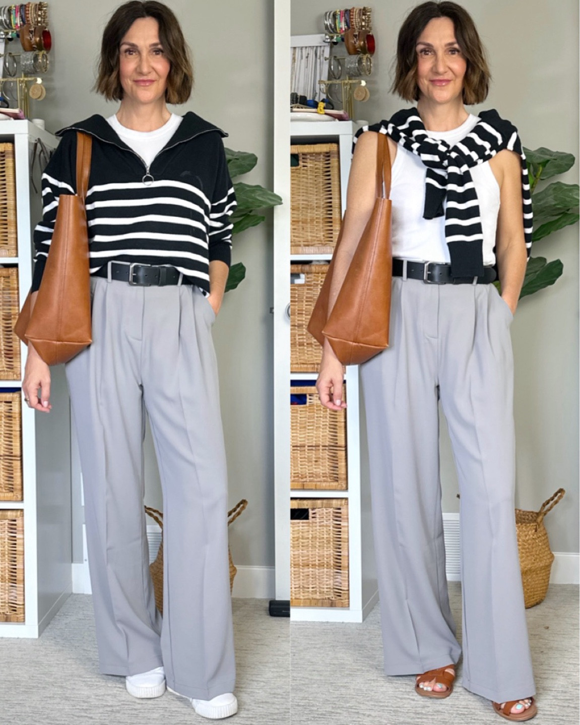 Morning to afternoon spring outfit!
My trousers are from Amazon but look more like  Abercrombie, I’m 5’ 7 size 4ish wearing M long. Mine are the “thin” version which refers to the thickness of the fabric, the thicker fabric is nice too, just a little heavier. The only belt loops are at the front but I find my belt doesn’t really move around so it’s fine. 
My sweater is also Amazon and I sized up to M for a roomier fit, belt is too and fits tts, I’m wearing S.
Sneakers fit tts and the sandals fit narrow, I sized up 1/2 size.
My tank is from last year but I have linked similar.
My leather tote bag is a classic and great quality, I’ve had it for years.


#LTKStyleTip #LTKWorkwear #LTKShoeCrush