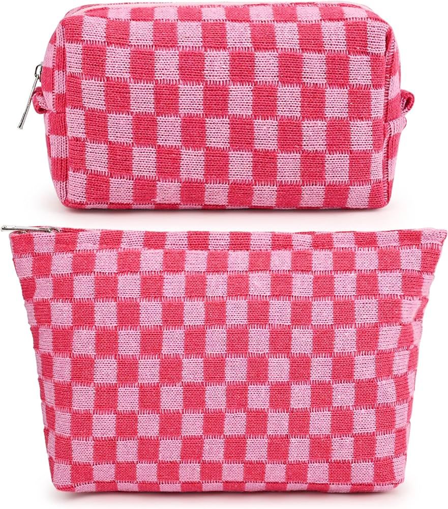 2 Pieces Makeup Bag Large Checkered Cosmetic Bag Pink Capacity Canvas Travel Toiletry Bag Organiz... | Amazon (US)