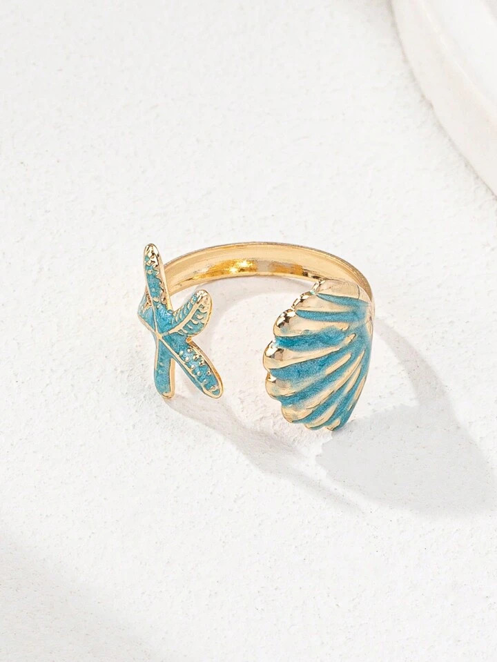 1pc Handmade Enameled Starfish & Shell Adjustable Ring For Women, Suitable For Summer Vacation (N... | SHEIN