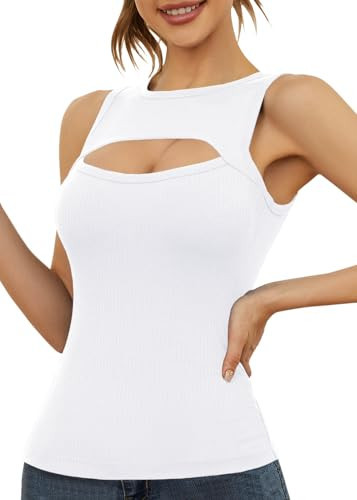 Afibi Womens Cutout Front Tops Sleeveless Shirts Ribbed Tanks Slim Fitted Y2K Sexy Basic Tee Shirt (X-Large, White) | Amazon (US)