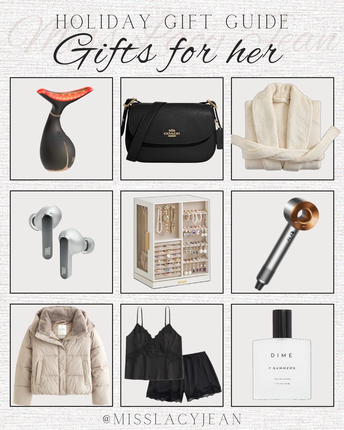 Gift guide for her includes robe, handbag, Dyson blow dryer, Dime perfume, jewelry organizer, pajamas, coat, headphones, and face light therapy device.

Gift guide, gifts for her, Christmas gift, holiday gift

#LTKGiftGuide #LTKHoliday #LTKFindsUnder100