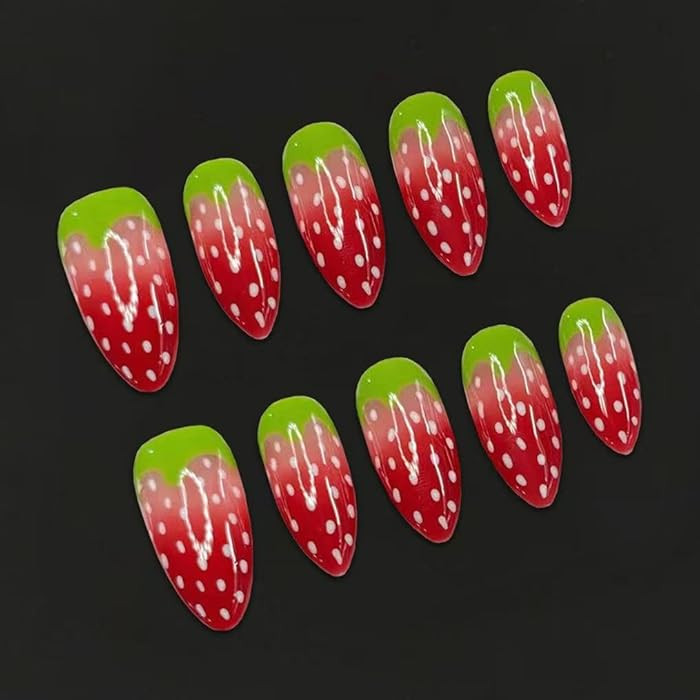 GREENTEA Strawberry Nail Summer Fruit Almond Press On Nails Medium, Design Red and Green Gradient... | Amazon (US)