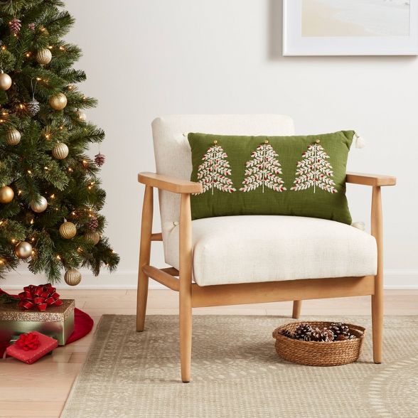 Oversized Tree Embroidered Lumbar Christmas Throw Pillow Green - Threshold&#8482; | Target