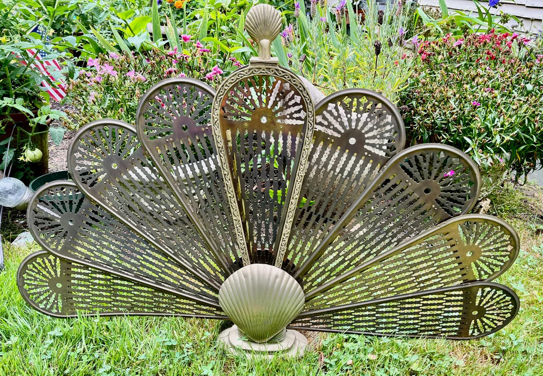 Firescreen With Brass Peacock Feathers Clam Shell Base Vintage 1960s Hollywood Regency shipping i... | Etsy (US)