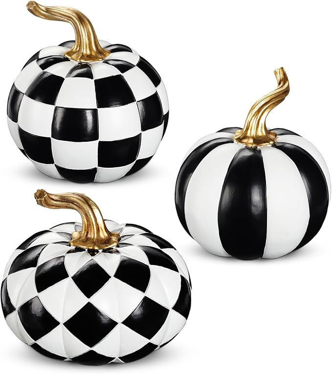 Briful Set of 3 Halloween Black and White Resin Pumpkins – Modern Fall Decorative Pumpkin Set w... | Amazon (US)