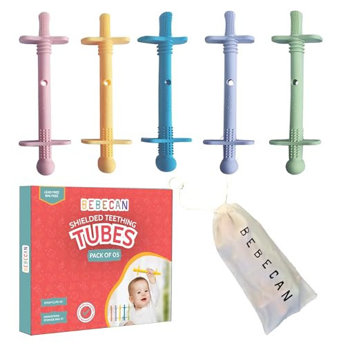 Bebecan Shielded Teething Tubes – Baby Teething Relief 0-36 Months, Anti-Choking Design, Clip-Attachable, BPA-Free Silicone, 5 Soft Tubes + 2 Teether Clips + 2 Brushes + Storage Bag | Amazon (US)