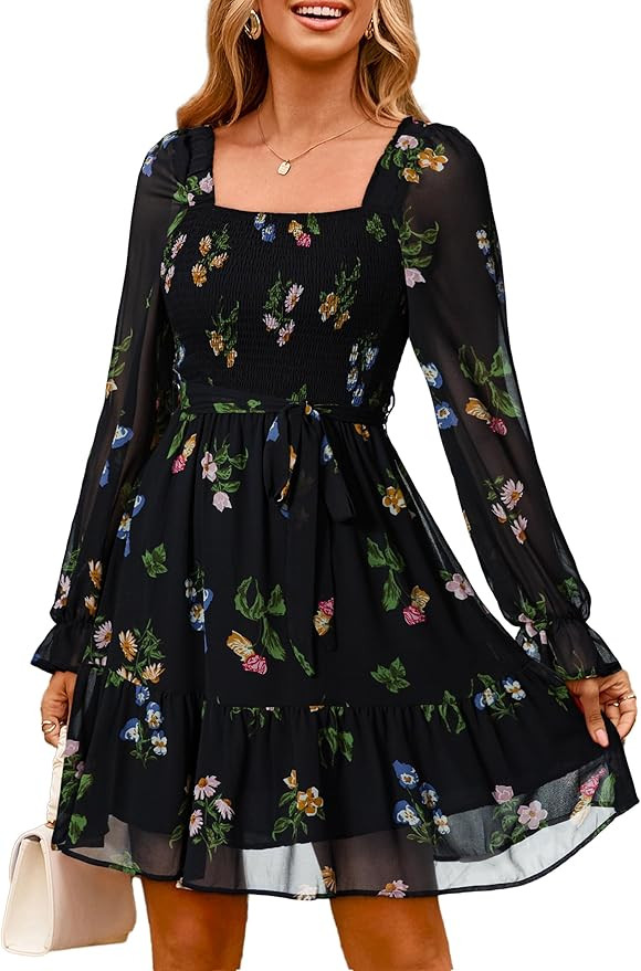 Simplee Womens Boho Long Sleeve Mini Dress Floral Square Neck Smocked A-Line Flowy Short Fall Wed... | Amazon (US)
