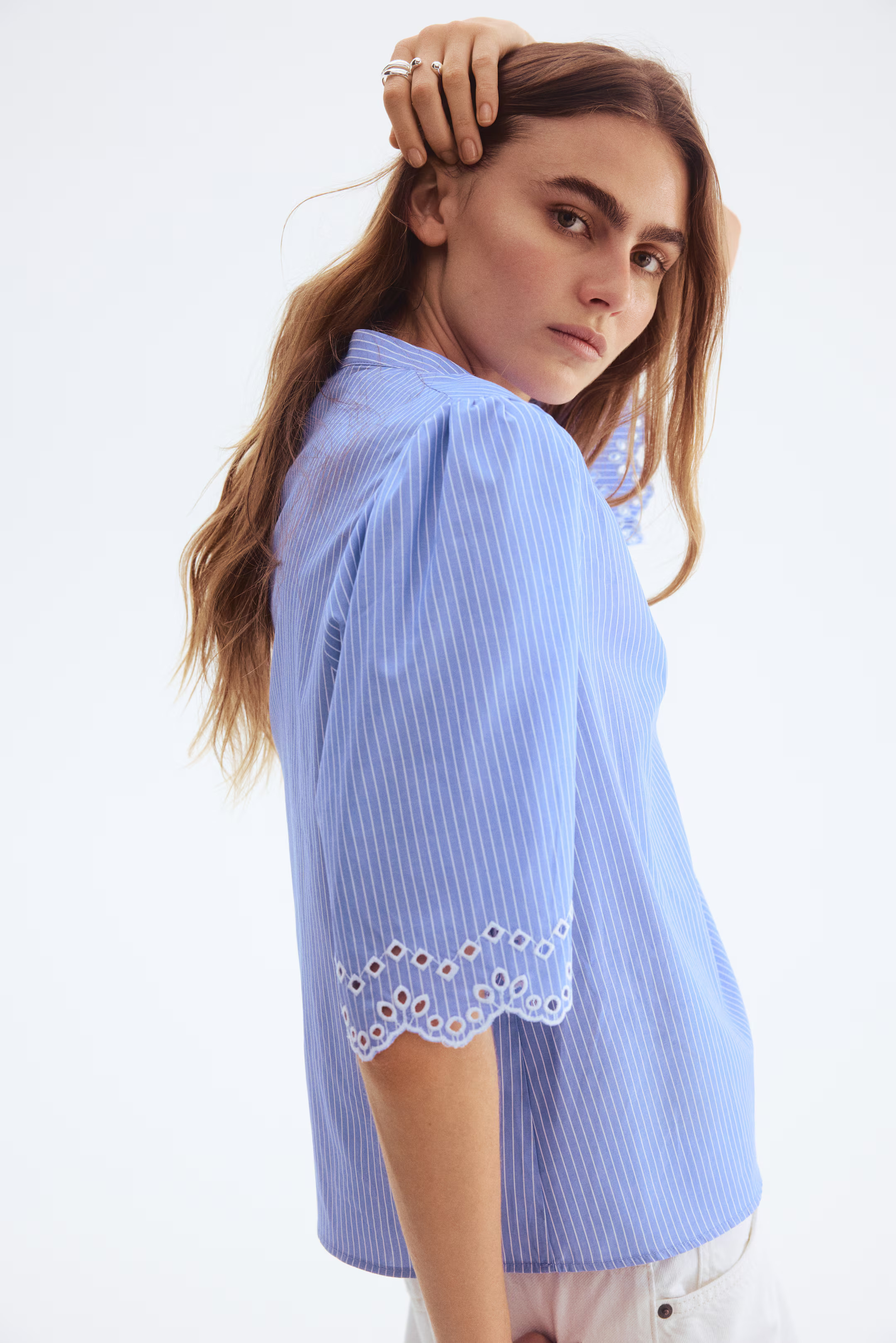 - Eyelet-Embroidered Cotton Blouse - Light blue/striped - Ladies | H&M US | H&M (US + CA)