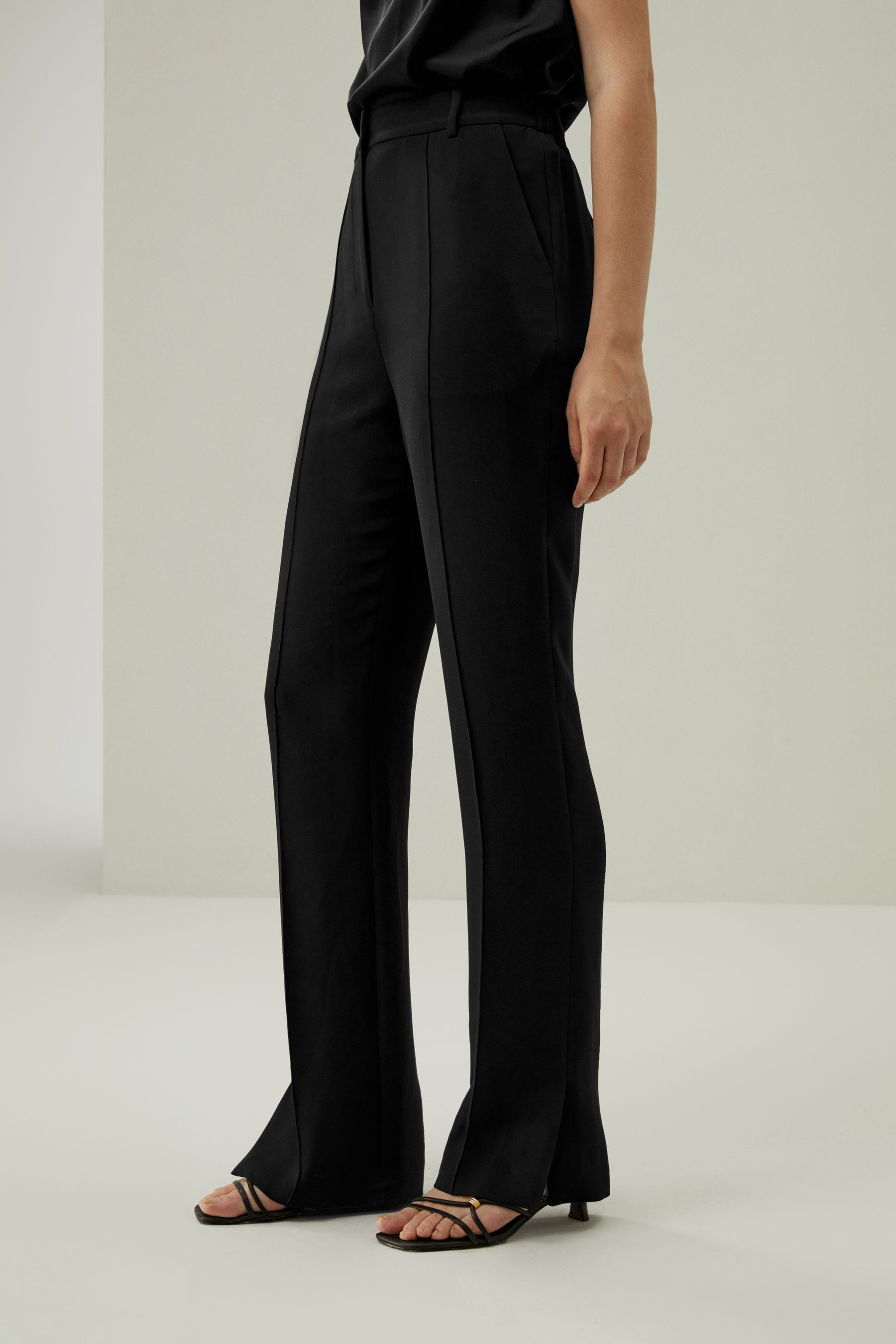 Silk Straight Leg Trousers with Side Slit | LilySilk