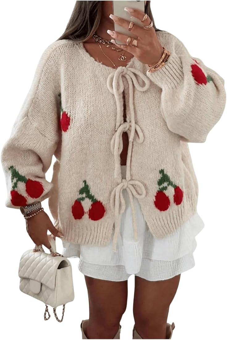 GORGLITTER Women's Bow Front Tie Cardigan Cherry Sweater Y2k Open Front Chunky Knit Sweater Cardi... | Amazon (US)