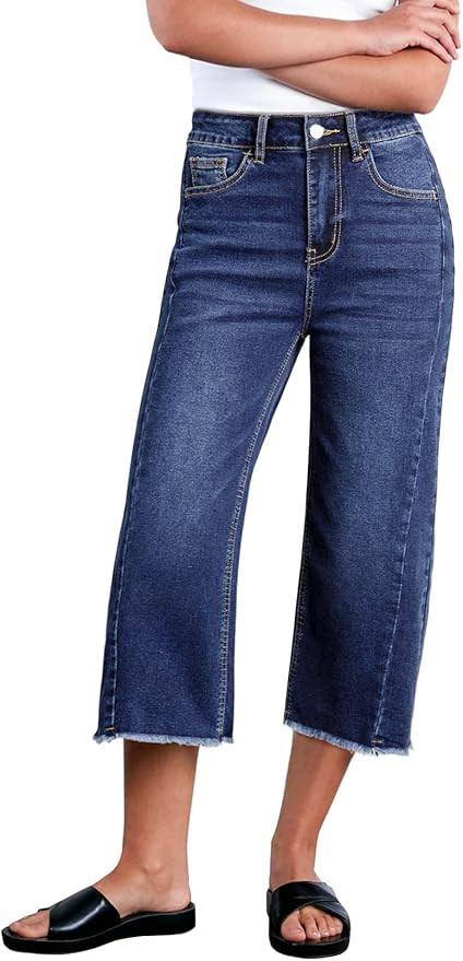 Sidefeel Women's Capri Jeans High Waisted Wide Leg Stretchy Raw Hem Side Seam Zimbaplatinum Denim... | Amazon (US)
