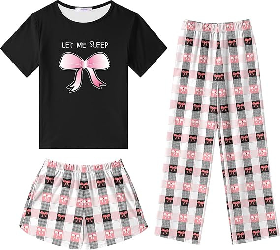 Arshiner Girls Pajama Set 3 Piece Short Sleeve Sleepwear Summer Soft Cute Pjs Outfits | Amazon (US)