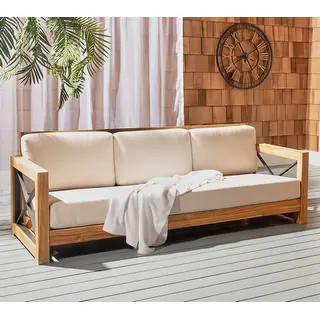 SAFAVIEH Couture Curacao Outdoor Teak 3-Seat Sofa | Bed Bath & Beyond