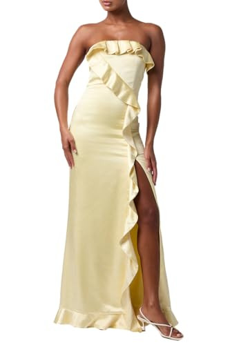Lulus Bonnie Strapless Satin Ruffle Maxi Dress \u2013 Glamorous Special Occasion Gown | Amazon (US)