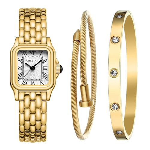 CHEETAH Women’s Gold Bangle Watch and Bracelet Set, Small Vintage Roman Dial in White | Amazon (US)
