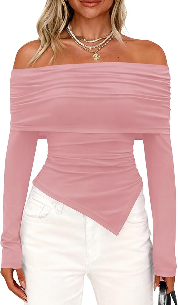 PRETTYGARDEN Women's Off The Shoulder Tops Spring Fashion 2026 Long Sleeve Shirts Going Out Slim ... | Amazon (US)