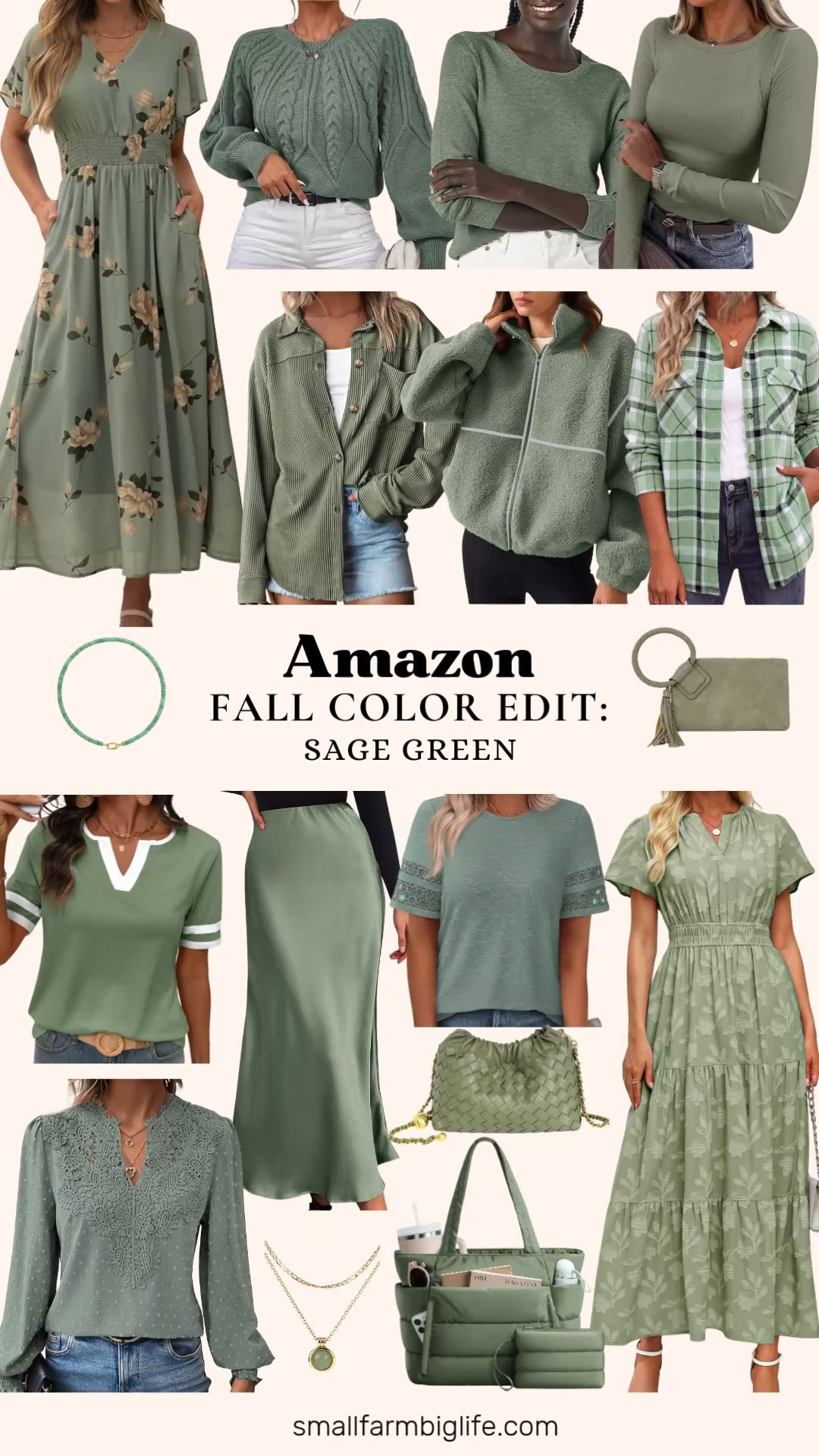 Sage green is such a beautiful, elevated color for fall and this Amazon edit is full of easy pieces to build around it.

Starting with sweaters, the Dokotoo Cable Knit Chunky Sweater and the Amazon Essentials Lightweight Crewneck Sweater are both cozy, elegant options for business casual workwear, and the ANRABESS Ribbed Fitted Tee is a nice slim layering piece underneath either one. The sage green Sherpa Fleece Jacket is a warm, casual pick for cooler days.

For tops, the PRETTYGARDEN Textured Oversized Button Down and the siliteelon Plaid Flannel Shirt both have that easy boyfriend shacket feel, and the Falechay Boho Lace Floral Top and the PRETTYGARDEN Lace Trim Tee bring a softer, more feminine touch. The SHEWIN Colorblock Tee is a fun casual basic to round out the mix.

For dresses and skirts, the ANRABESS Floral Maxi Dress and the second sage green floral Boho Maxi Dress both feel elegant enough for fall wedding guest dresses, and the BTFBM Satin Midi Skirt is a flowy, high waisted option that works for the office or a special occasion.

Rounding things out, the sage suede Metro Muse Clutch, the Joryin Woven Crossbody Bag, and the Bagstellar Puffer Tote are all easy accessories to carry the color through, and the colorful stone beaded necklace and the layered gold necklace add a nice finishing touch to any outfit.

So many sage green pieces to build easy autumn outfits around this season, all linked for you.

#amazonfashion #fallfashion #falloutfits #sagegreen #autumnoutfits 

 #LTKootd #LTKOver40 #LTKWorkwear