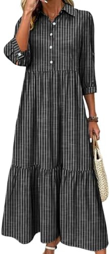 XNC Womens Striped Tiered Maxi Dress 3/4 Sleeve Summer Casual Shirt Dresses | Amazon (US)
