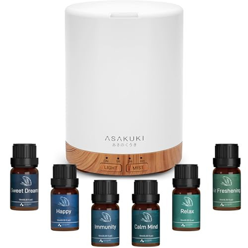 ASAKUKI Essential Oil Diffuser, Aromatherapy Cool Mist Home Humidifier with 7 LED Color Changing Light and Auto-Off Safety Switch, 6 Essential Oils Set, 300ml (Brown with Oils) | Amazon (US)