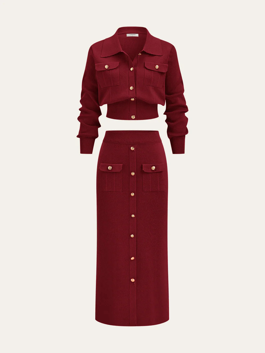 Metal Button Collared Cardigan and Midi Skirt Set | Commense