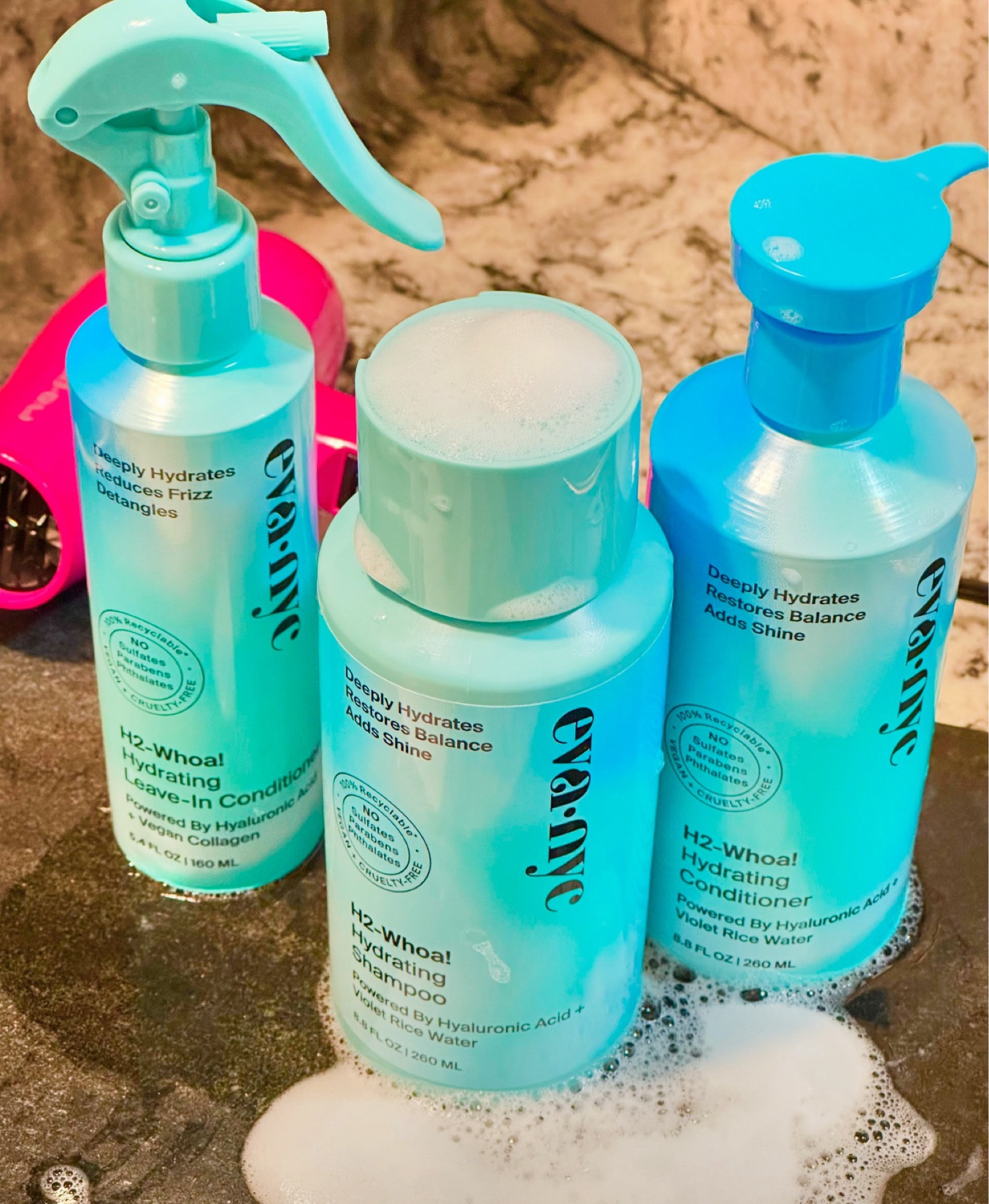 Hydration Collection 💦🚿from @evahairnyc Thank you!🫶

🩵I was gifted with Shampoo, Conditioner, and Leave-in Conditioner.  This collection will add shine and will deeply hydrate your hair and scalp to restore balance and refresh your hair especially when colder months are upon us. 

👉🏼These ultra-hydrating hair products are packed with the best ingredients from your skincare routine like Hyaluronic Acid + Violet Rice Water to hydrate, balance and leave you with shiny, healthy-looking hair! Clinically proven for 48-hour hydration, experience the ultimate moisturization that will leave you saying “whoa!“.  

The fragrance is Eva NYC Cloud 9 - Refreshing + invigorating, this fragrance begins with a citrusy burst of bergamot, grapefruit, and green lime, leading into a harmonious heart of lavender, jasmine and orange blossom. It settles into a warm, woody embrace with amber and musk undertones, evoking a journey through a blossoming garden.  

Powered by:
Hyaluronic Acid - Helps hair follicles lock in moisture, reduces frizz, and hydrates dry scalp, while plumping and revitalizing hair..
Violet Rice Water - Rich in B vitamins and amino acids, this ingredient can be very helpful to those struggling with dry or damaged hair, offering moisturizing and revitalizing properties.
Marshmallow Root- An anti-oxidative ingredient rich in vitamins A, C, E, & Complex B. It hydrates hair + protects from external irritating agents.  

Available at Eva NYC
@ultabeauty @target @walmart @amazon@sallybeauty
@walgreens @cvspharmacy

Cruelty-free + 100% Vegan + 
Certified @bcorpuscan + Climate Neutral 

#evanyc #helloimeva #gifted @evahairnyc