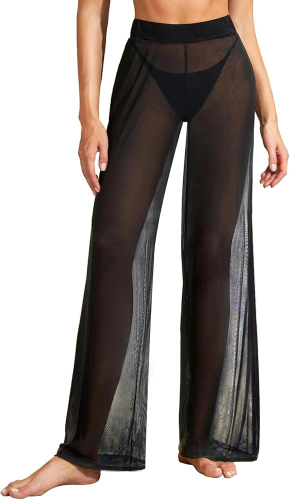 Pinup Fashion Women's Cover Up Pants Crochet Hollow Out Mesh Pants High Waist Swimsuit Beach Biki... | Amazon (US)