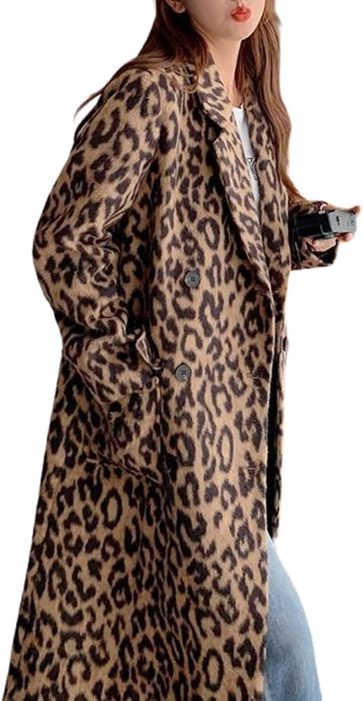 utcoco Womens Leopard Long Wool Trench Coat Notched Lapel Double Breasted Pea Coat Winter Warm Ov... | Amazon (US)