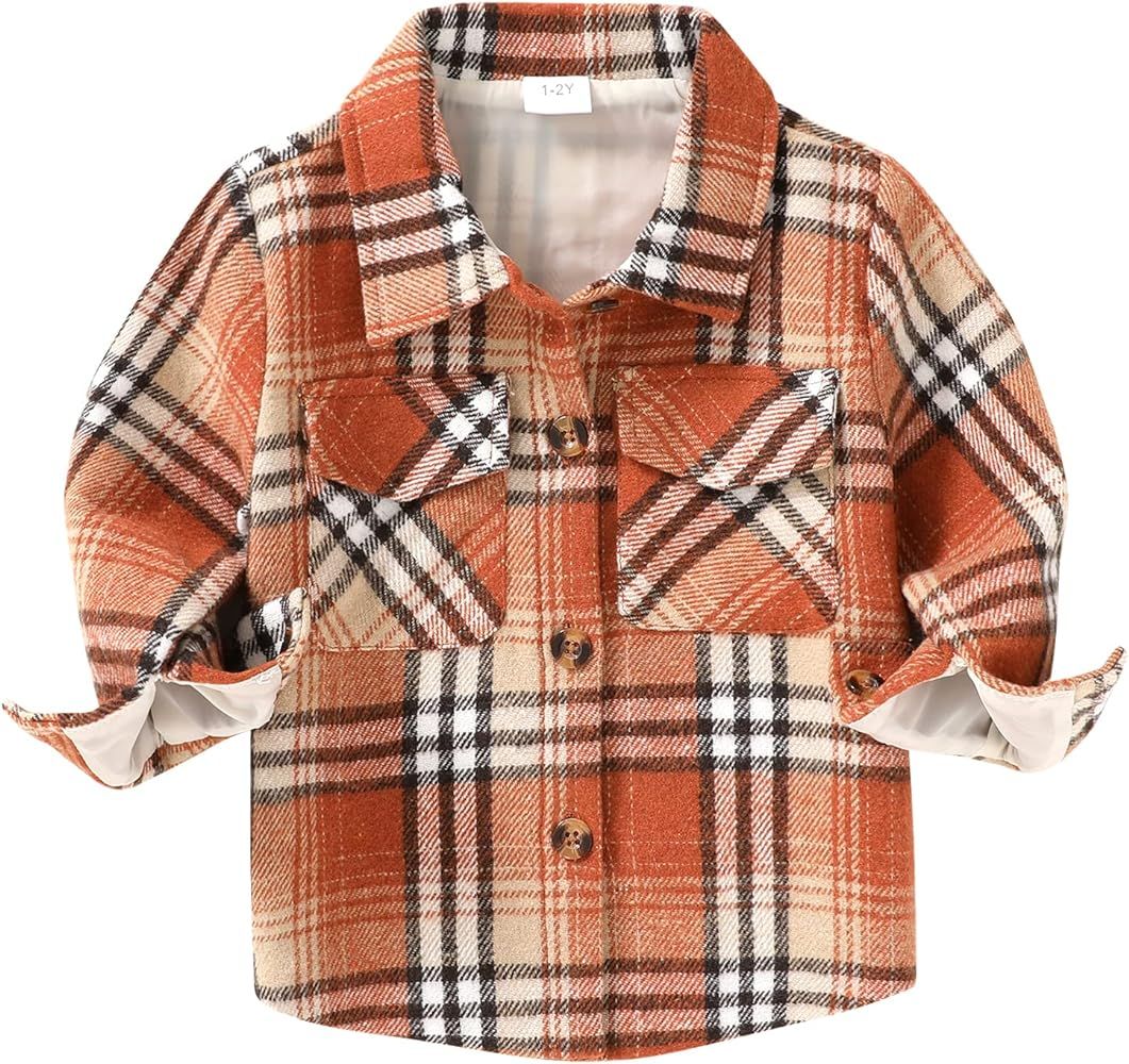 Toddler Baby Boys Girls Jacket Plaid Flannel Long Sleeve Button Down Shacket Kids Boy Coat Fall Wint | Amazon (US)