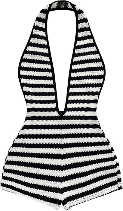 WDIRARA Women's Striped Textured Backless Halter Jumpsuits Deep V Neck Sleeveless One Piece Rompe... | Amazon (US)