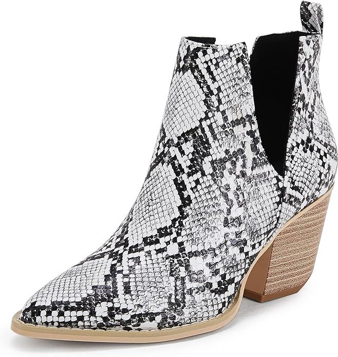 Huiyuzhi Womens Ankle Boots Slip on Cutout Pointed Toe Snakeskin Chunky Stacked Mid Heel Bootie | Amazon (US)