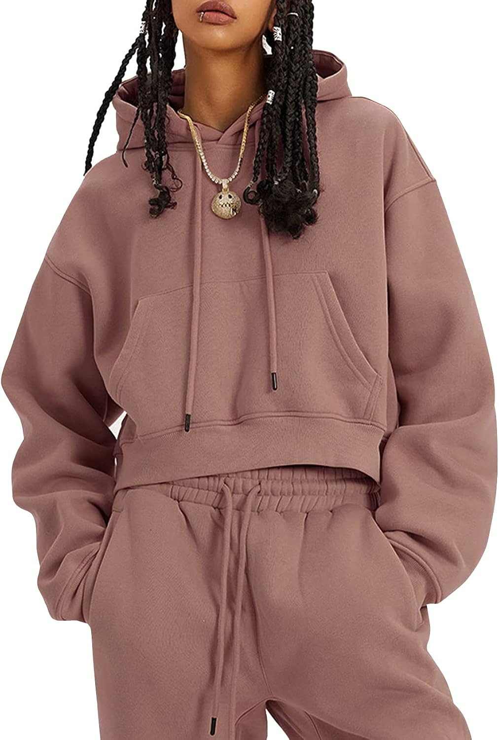 Flygo Womens Fleece 2 Piece Outfits Fall Crop Pullover Jogger Sweatsuit Set | Amazon (US)