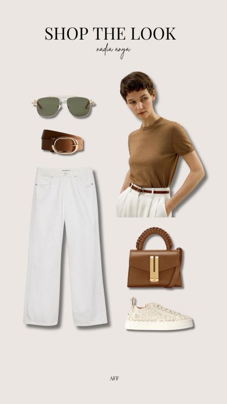 Tan & cream spring outfit - lily silk tan knit top, white wide leg jeans (cut off), Chloe Lauren trainers, demellier tan handbag with braided handle, missoma x mr specs sunglasses, tan belt

#LTKeurope #LTKSeasonal #LTKstyletip