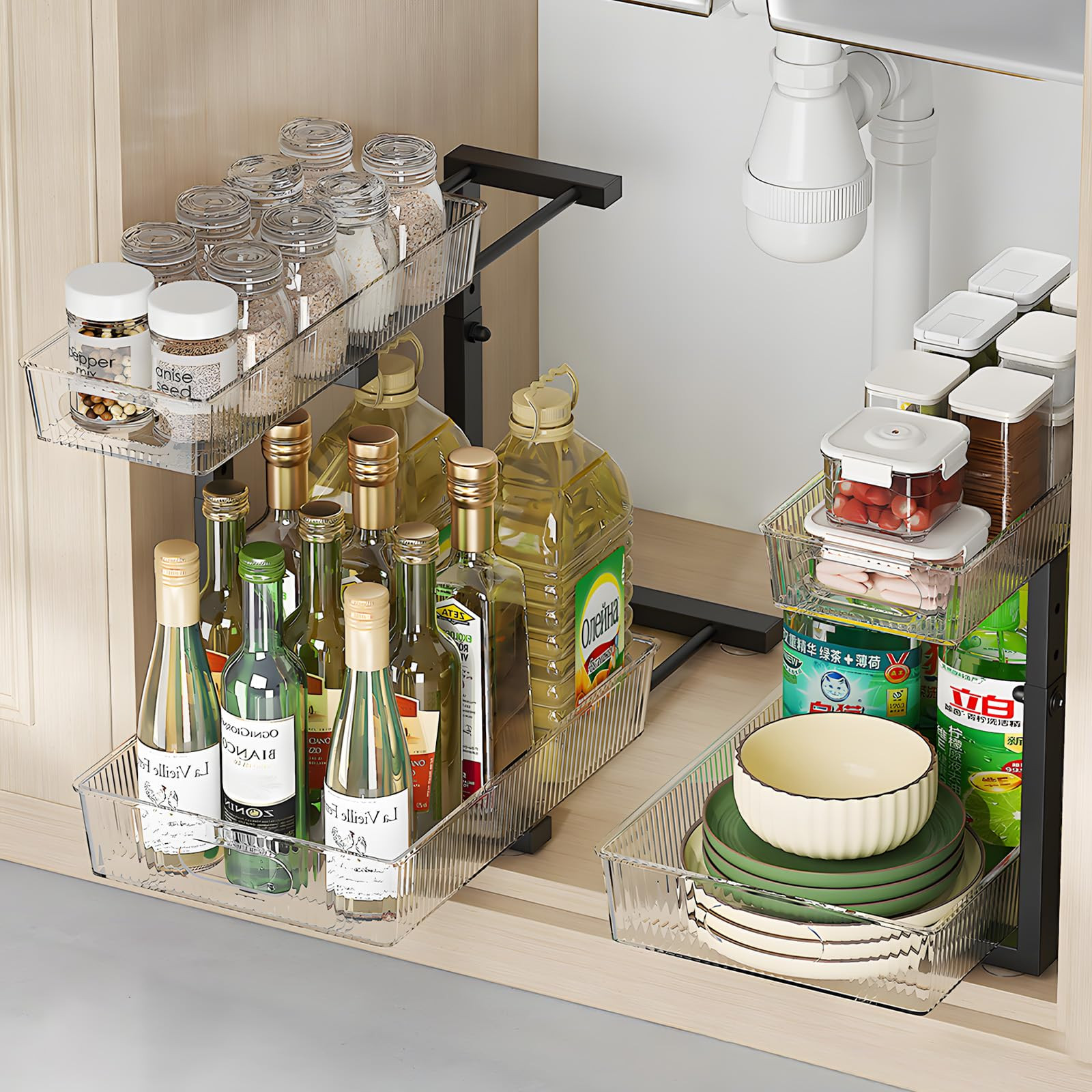 PCXWTLN Under Sink Storage, 2 Tier Under Sink Storage Kitchen Organiser with Pull-Out Bottom Bask... | Amazon (UK)