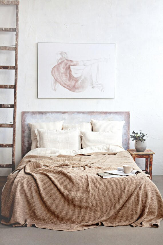 Waffle linen blanket in Beige. Linen throw blanket. Light brown linen bed throw in King, Queen si... | Etsy (US)