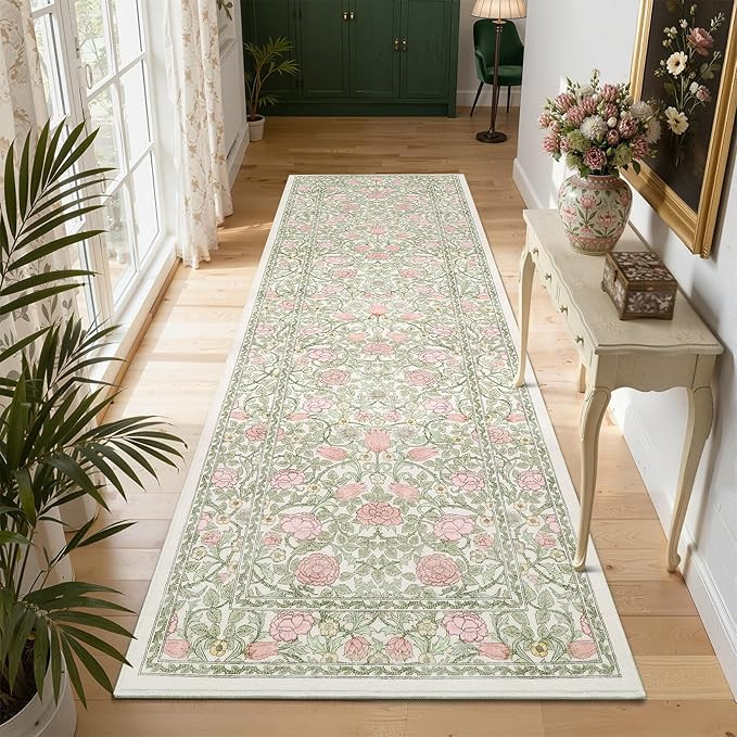 Pink and Green Vintage Floral 2x6 Runner Rug Washable Kitchen Rugs Non Slip Boho Long Rug for Hal... | Amazon (US)