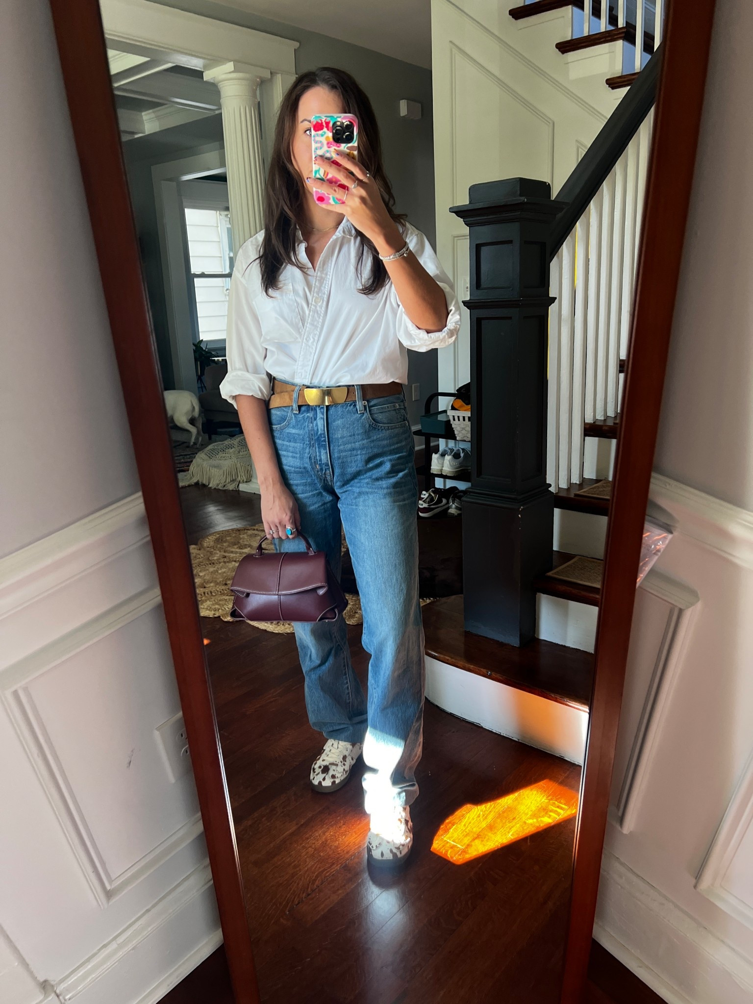 Jeans. Button down. Coe print. Cow print shoes. White button down. Casual fall outfit.

#LTKFindsUnder100 #LTKSeasonal