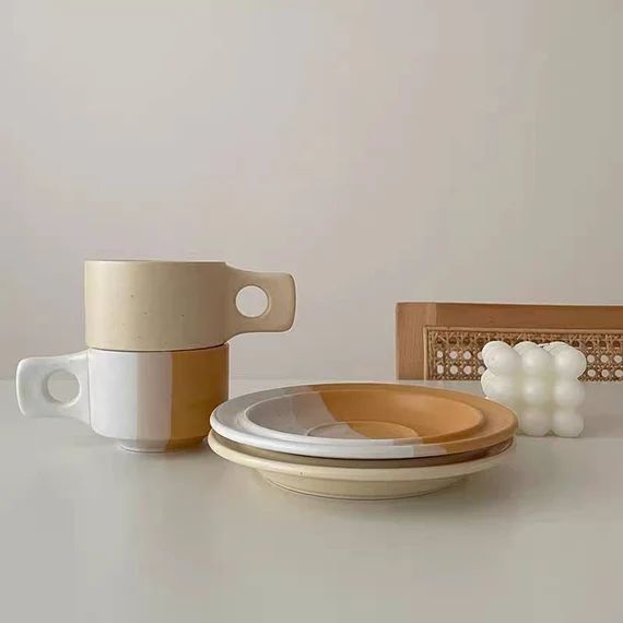 coffee cup set stack , cup and saucer set , nordic style , gift set , mug set, ceramic coffee mug... | Etsy (US)
