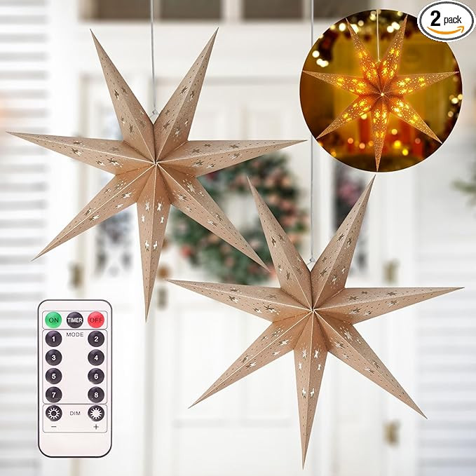 2 Pack 26.8 Inch Paper Star Lantern, 8 Modes 7-Pointed Star Diwali Hanging Paper Lights, Hollow O... | Amazon (US)