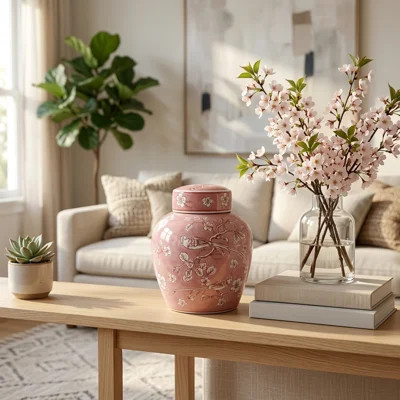 Artistic Chinoiserie Ceramic Ginger Jar With Lid For Home Decor - Decorative Floral Storage Tall Jar For Living Room Table Display - 10", Pink & White | Wayfair North America