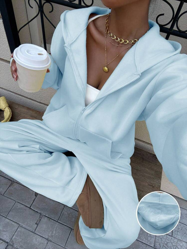 SHEIN EZwear Women's Casual Loose Sweatshirt Set, Light Blue, Autumn, Baby Blue Two Piece Pants Suit Baby Blue Outfit Women 2 Piece Casual Sets Woman,Cozy Fall And Winter Clothes For Women | SHEIN