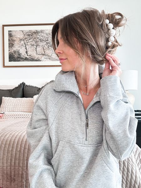 Amazon finds! Quarter zip pullover lululemon look a like + this cute pearl claw clip