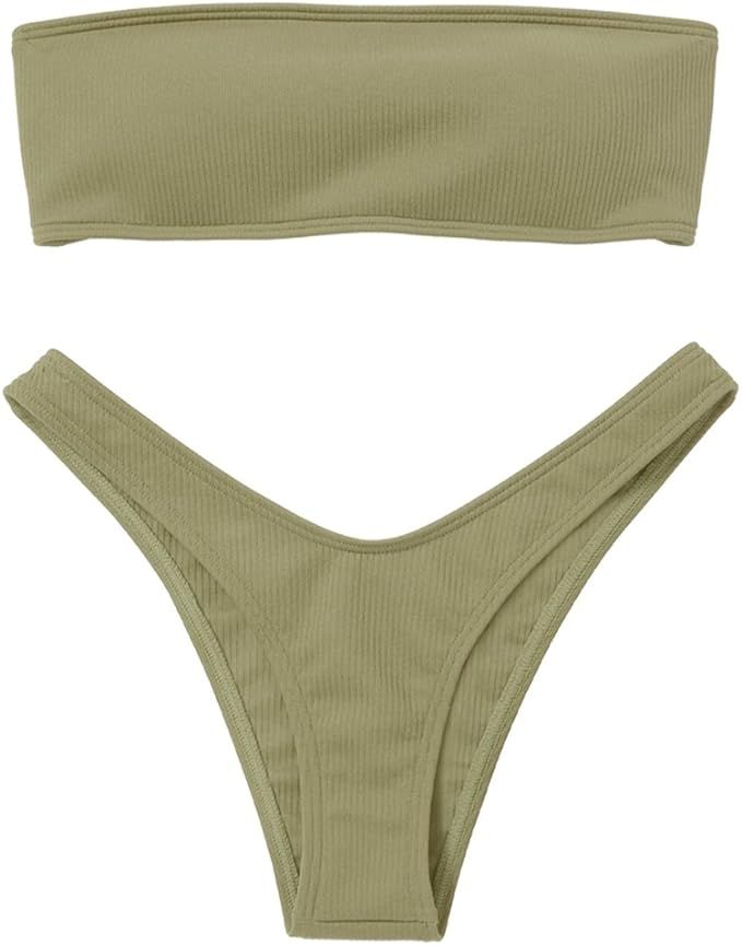 ZAFUL Women Strapless Ribbed High Cut Bandeau Bikini Set | Amazon (US)