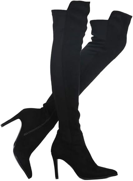 Women Faux Suede Chunky Heel Stretch Over The Knee Thigh High Boots | Amazon (US)