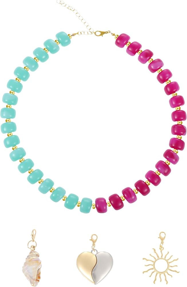 Colorful Chunky Beaded Choker Necklace for Women, Bohemian Beach Style with Interchangeable Charm... | Amazon (US)
