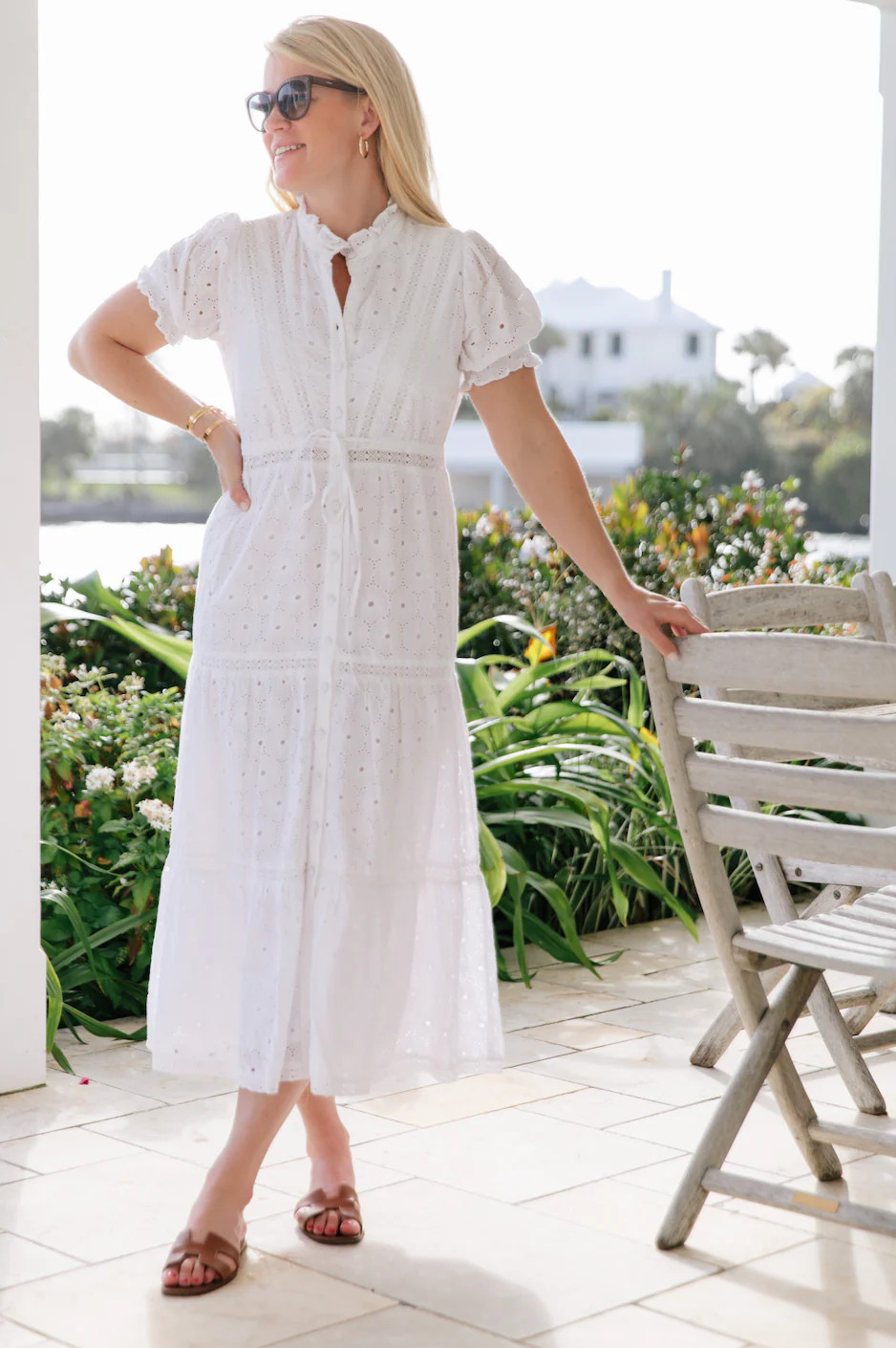 White Floral Eyelet Puff Sleeve Tie Waist Midi Dress | Sail to Sable