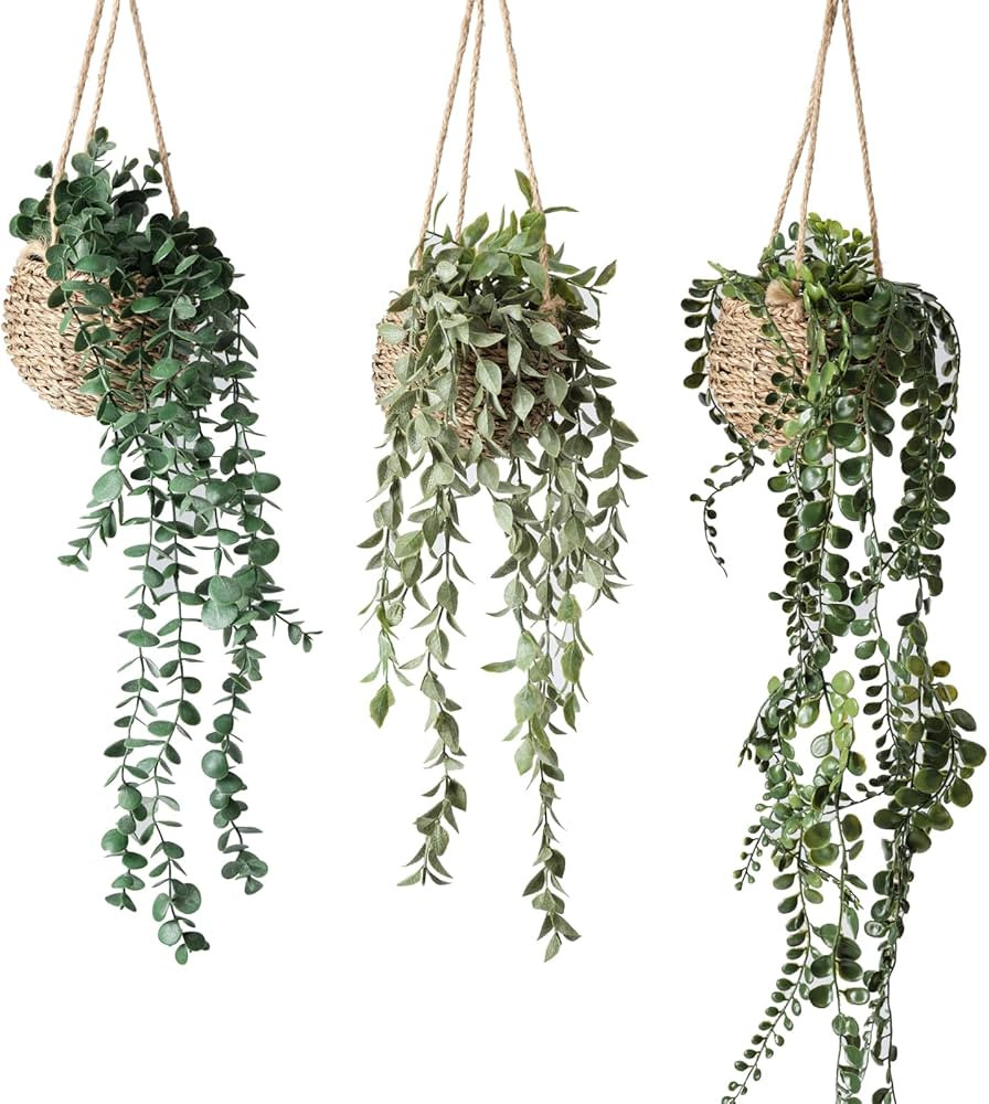 3 Pack Mini Artificial Hanging Greenary Fake Hanging Plants in Basket for Wall Living Room Decor ... | Amazon (US)