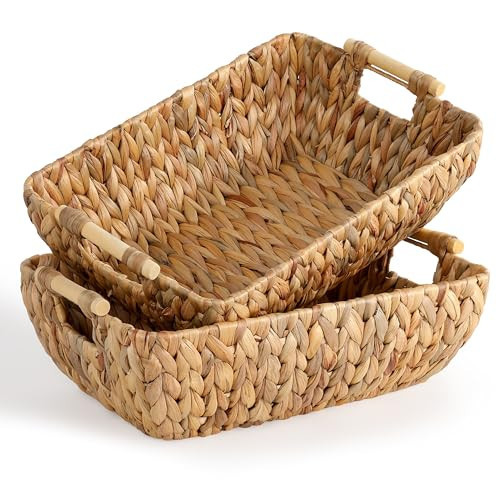Water Hyacinth Storage Baskets with Wooden Handles，Large Wicker Baskets for Organizing Set of 2 | Amazon (US)