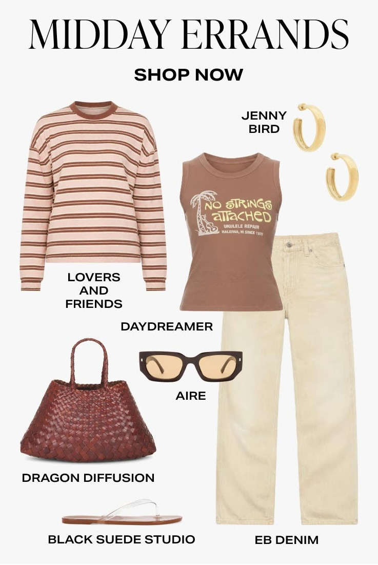 The perfect midday errands outfit: comfortable, effortless, and elevated. 🤎 This neutral look combines relaxed denim, a vintage-inspired graphic tank, cozy stripes, woven leather, and classic gold accessories for an outfit that works from coffee runs to lunch dates and everything in between.

Featuring Lovers and Friends, Daydreamer, EB Denim, Dragon Diffusion, Jenny Bird, Aire, and Black Suede Studio from Revolve. Shop the full look in my LTK.

#LTKStyleTip #LTKSeasonal #LTKCasual #Revolve #EverydayStyle #CasualChic #NeutralStyle #CoffeeRunStyle #WeekendOutfit #ErrandOutfit #GraphicTank #StripedSweater #DragonDiffusion #JennyBird #Daydreamer #EBDenim #BlackSuedeStudio #AIREEyewear #CapsuleWardrobe #EffortlessStyle #MinimalStyle #StreetStyle #LuxuryCasual #FashionInspo #EverydayLuxury 

 #LTKootd #LTKSaleAlert #LTKWorkwear