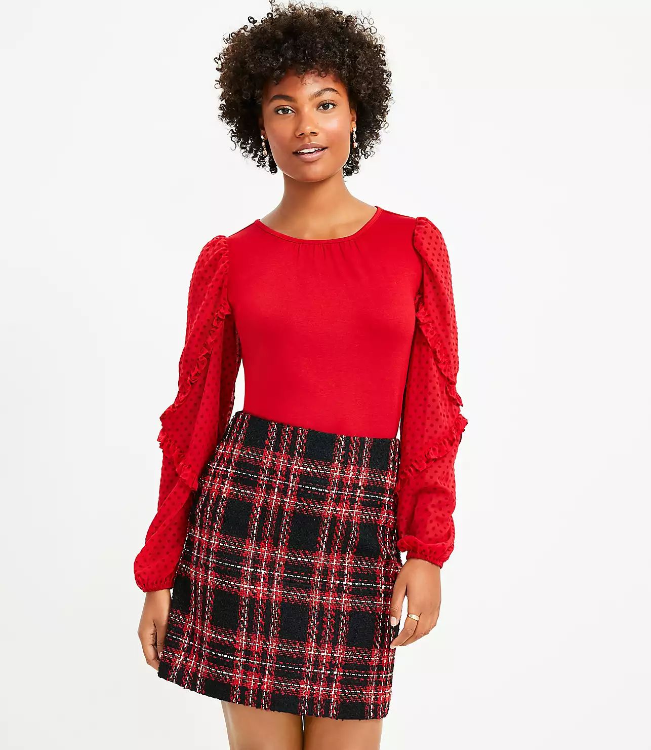 Velvet Dot Ruffle Sleeve Mixed Media Top | LOFT